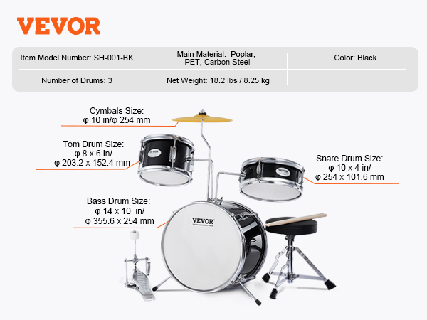 VEVOR kids drum set with three black drums, cymbals, stool, and drumsticks, model sh-001-bk.