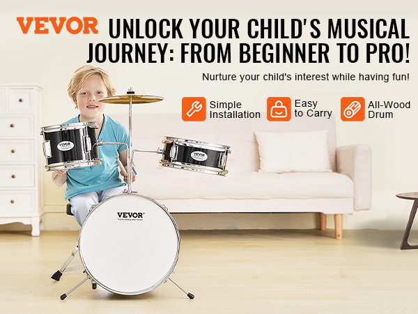 child playing VEVOR kids drum set in bright room, highlighting simple installation and all-wood drum.