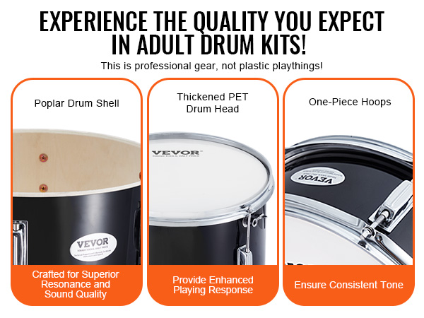 high-quality VEVOR kids drum set with poplar drum shell, thickened pet drum head, and one-piece hoops.