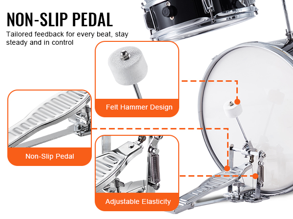 non-slip pedal with felt hammer and adjustable elasticity on a VEVOR kids drum set.
