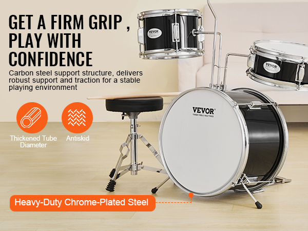VEVOR kids drum set with carbon steel support, thickened tube diameter, and antiskid features.