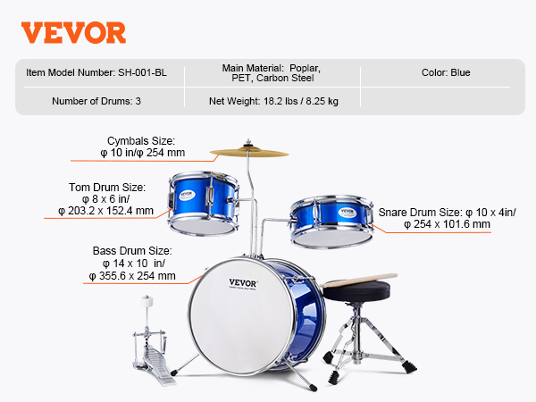 VEVOR kids drum set in blue, model sh-001-bl, includes snare, tom, bass drums & cymbals. 8.25 kg.