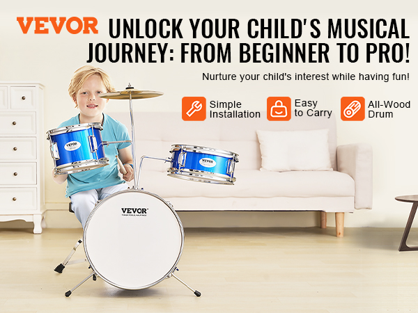 VEVOR kids drum set displayed in a cozy room, promoting easy installation and all-wood drum features.