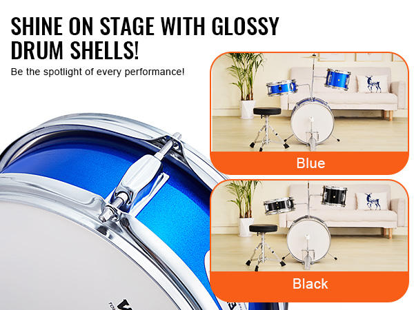 VEVOR kids drum set featuring glossy drum shells in blue and black, displayed in a modern living room.