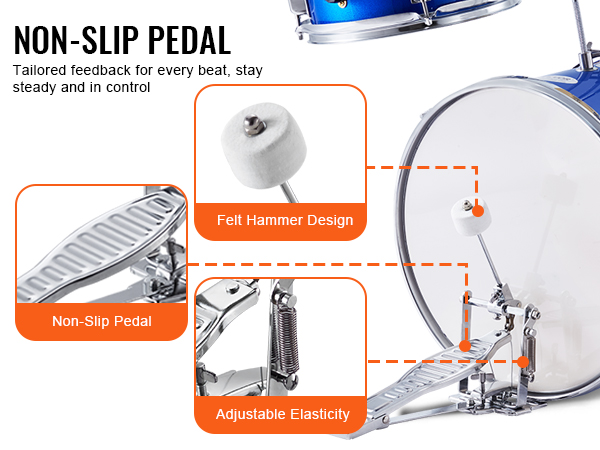 VEVOR kids drum set non-slip pedal with felt hammer design and adjustable elasticity for steady beats.