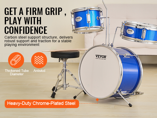 VEVOR kids drum set with blue drums, sturdy carbon steel support, and an antiskid base for stability.