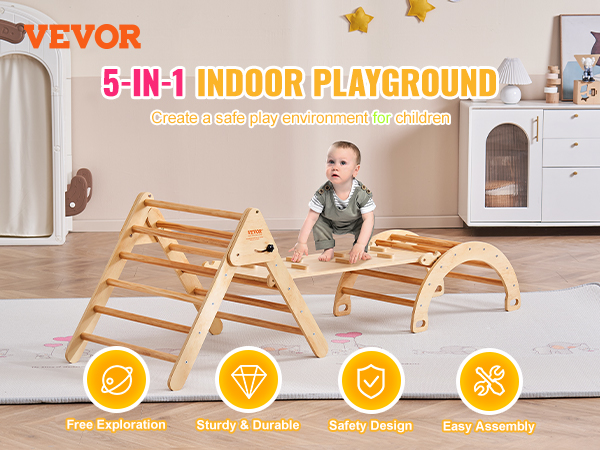 VEVOR pikler triangle 5-in-1 indoor playground with a toddler climbing, showcasing a safe play area.