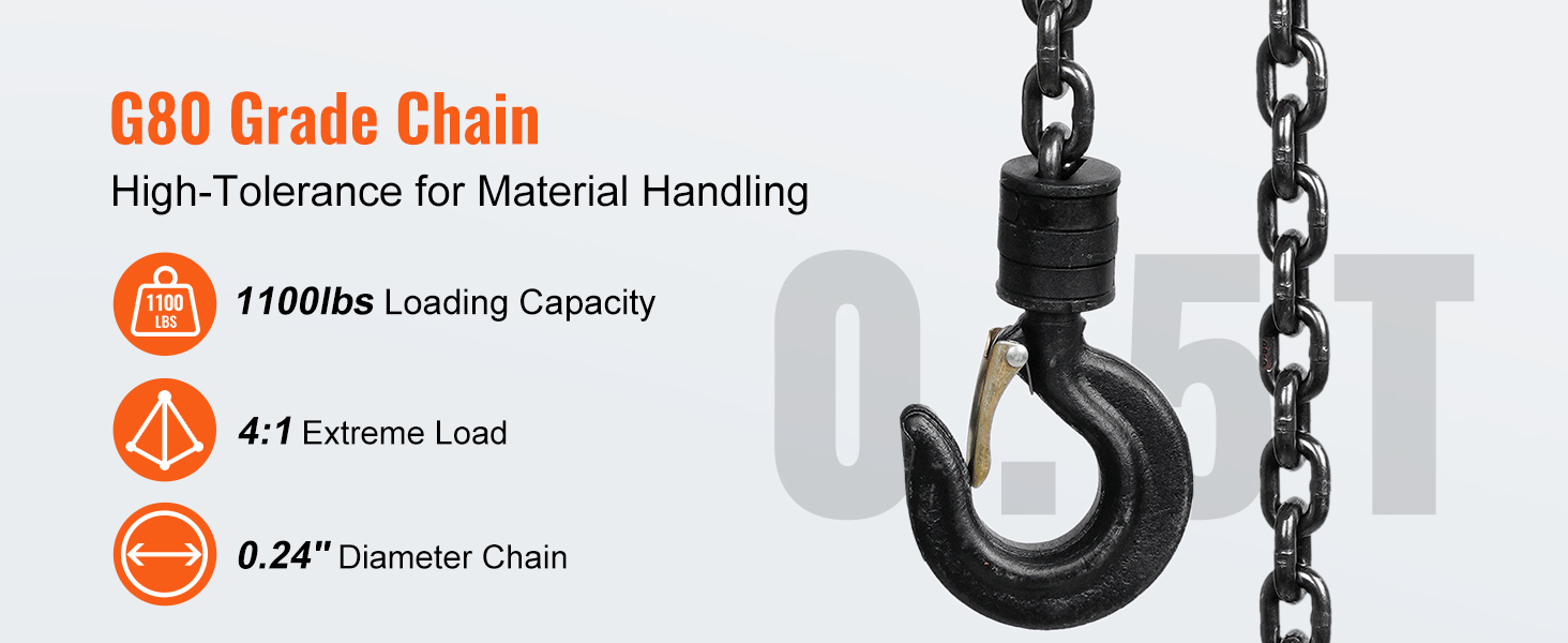 g80 grade chain, 1100lbs load capacity, 4:1 extreme load, 0.24" diameter chain, VEVOR hand chain hoist