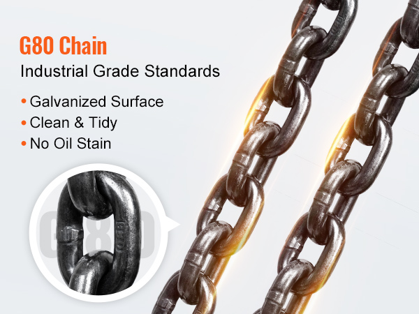 g80 chain with industrial grade standards, galvanized surface, clean, and no oil stain for VEVOR hand chain hoist.