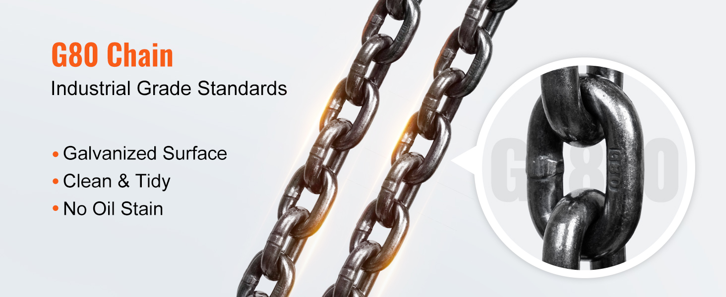 g80 chain with industrial grade standards, galvanized surface, clean, and no oil stain for VEVOR hand chain hoist.