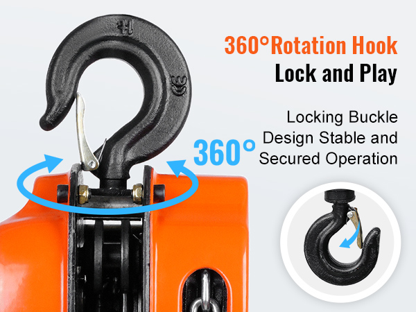 360° rotation hook for VEVOR hand chain hoist, stable locking buckle for secure operation.