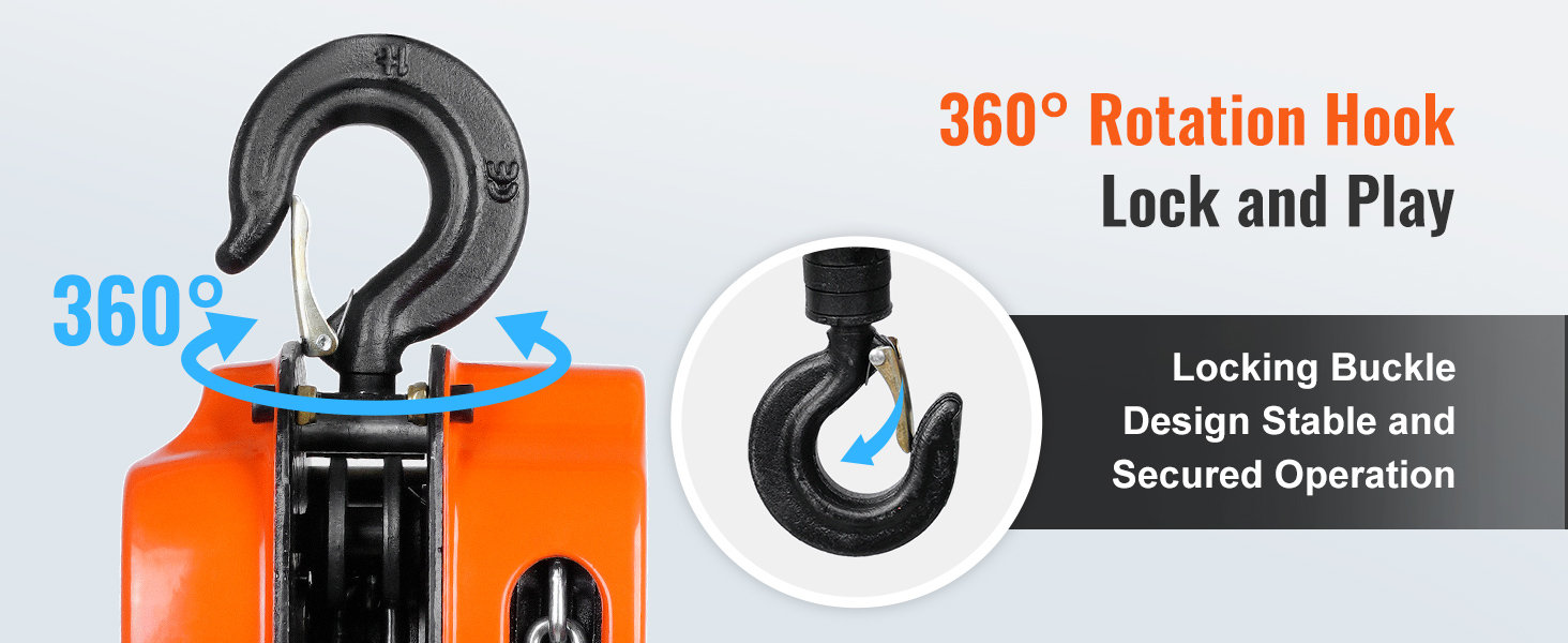 360° rotation hook for VEVOR hand chain hoist, stable locking buckle for secure operation.