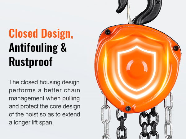 closed design VEVOR hand chain hoist with orange housing, antifouling, and rustproof features.