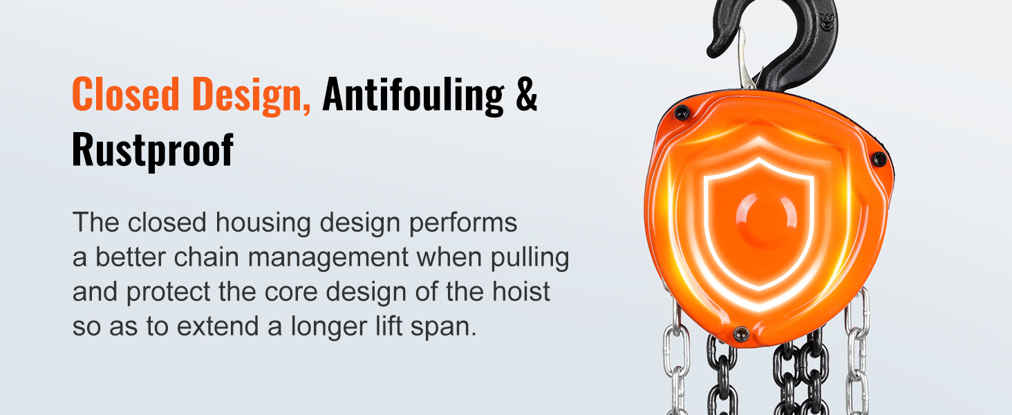 closed design VEVOR hand chain hoist with orange housing, antifouling, and rustproof features.