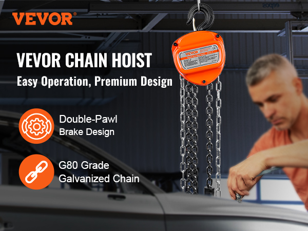 VEVOR hand chain hoist with easy operation, premium design, double-pawl brake, and g80 galvanized chain.