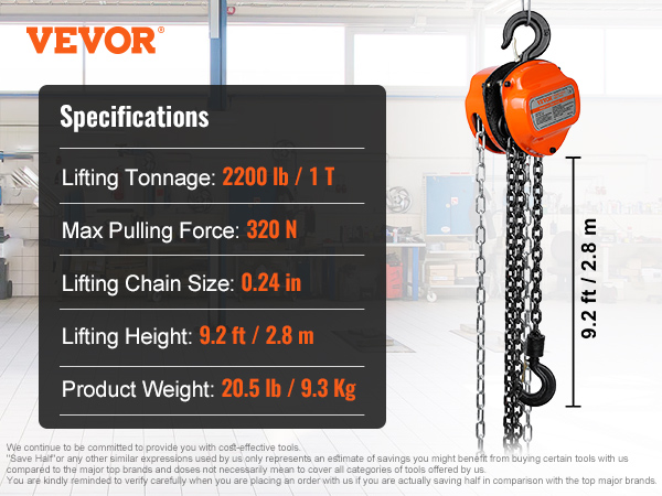 VEVOR hand chain hoist with specs: 2200 lb lifting, 320 n pulling, 20.5 lb weight, 0.24 in chain.