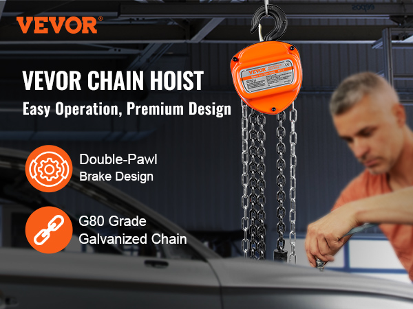 VEVOR hand chain hoist with double-pawl brake and g80 grade galvanized chain for easy operation.