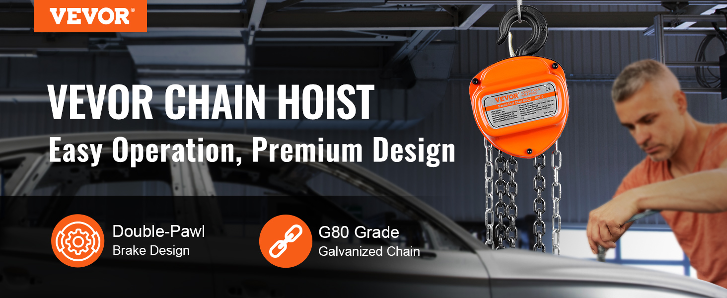 VEVOR hand chain hoist with double-pawl brake and g80 grade galvanized chain for easy operation.