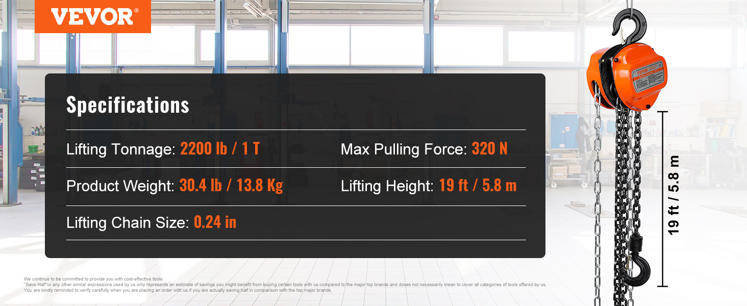 VEVOR hand chain hoist specifications: 2200 lb lifting tonnage, 19 ft lifting height, 0.24 in chain size.