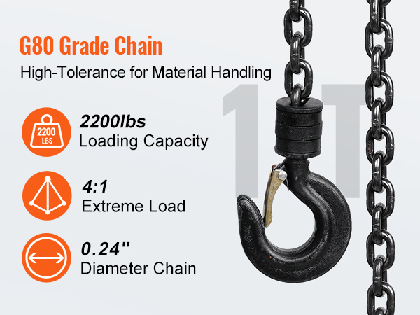 g80 grade chain with 2200lbs capacity and 0.24" diameter for VEVOR hand chain hoist, 4:1 extreme load handling.