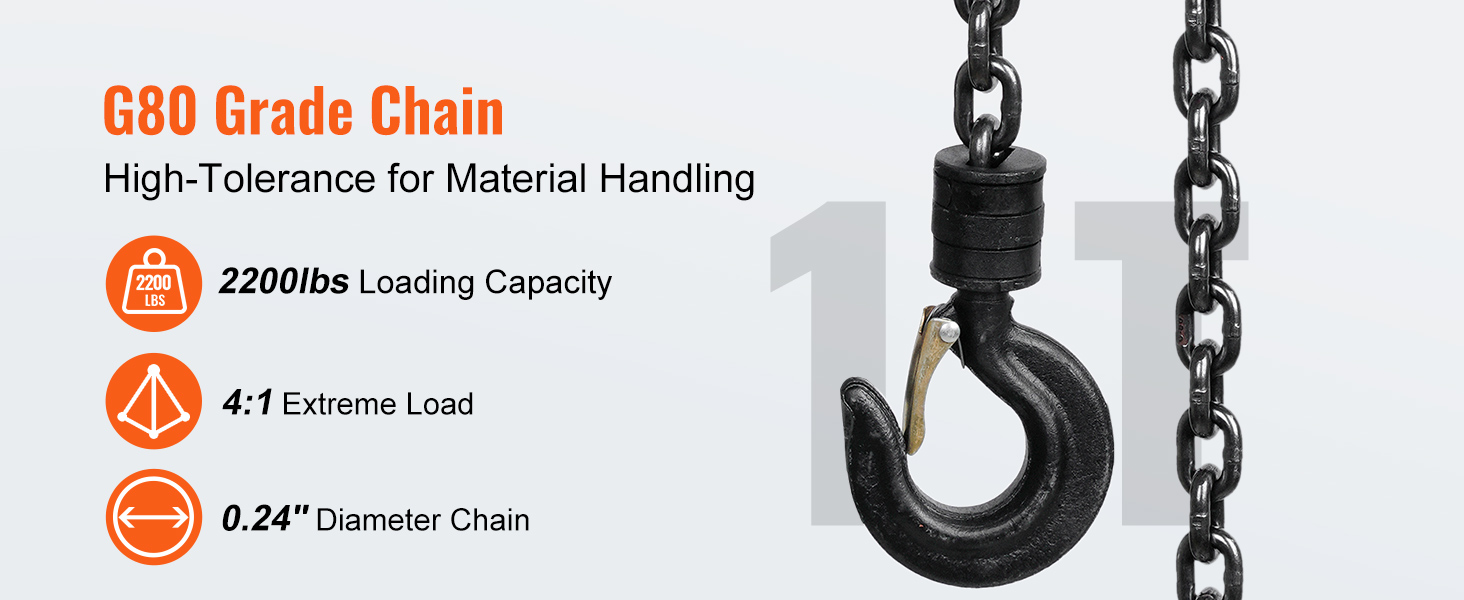 g80 grade chain with 2200lbs capacity and 0.24" diameter for VEVOR hand chain hoist, 4:1 extreme load handling.