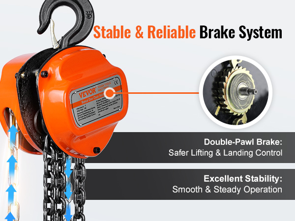 VEVOR hand chain hoist with stable, reliable brake system, featuring double-pawl brake for safe control.