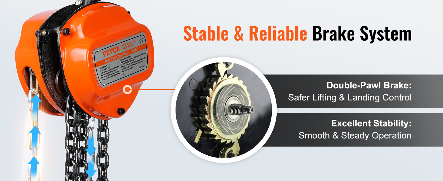 VEVOR hand chain hoist with stable, reliable brake system, featuring double-pawl brake for safe control.