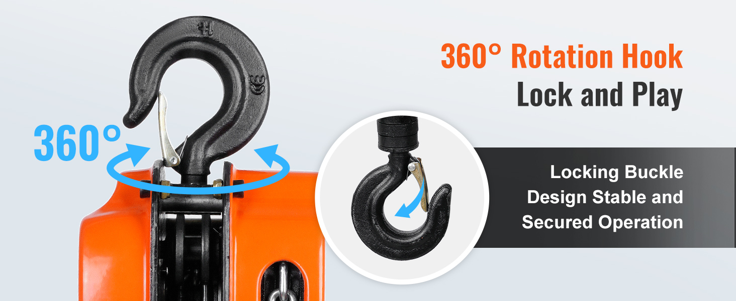 VEVOR hand chain hoist with 360° rotation hook, locking buckle design for stable operation.