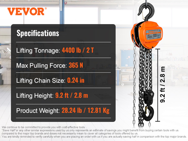 VEVOR hand chain hoist, 4400lb capacity, 365nm force, 28.24lb weight, 9.2ft height, 0.24in chain size.