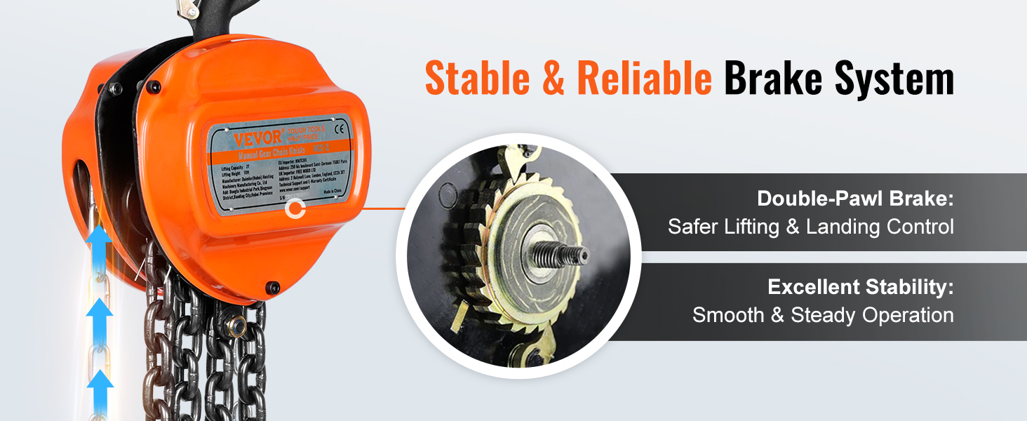 Ручная цепная лебедка VEVOR со стабильной и надежной тормозной системой для безопасного управления подъемом и посадкой.