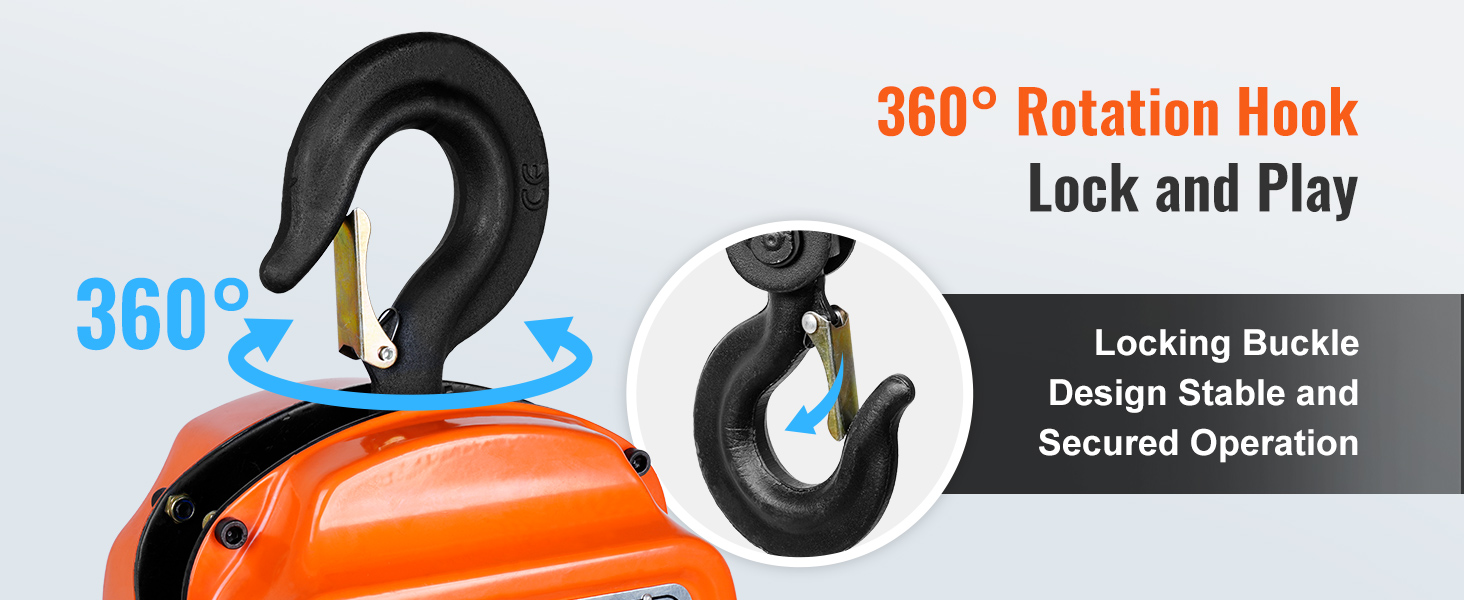 крюк с возможностью поворота на 360 градусов и фиксирующей пряжкой обеспечивает стабильную работу ручной цепной лебедки VEVOR.