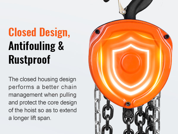 Ручная цепная лебедка VEVOR с закрытой конструкцией для лучшего управления цепью, защиты от обрастания и коррозии.