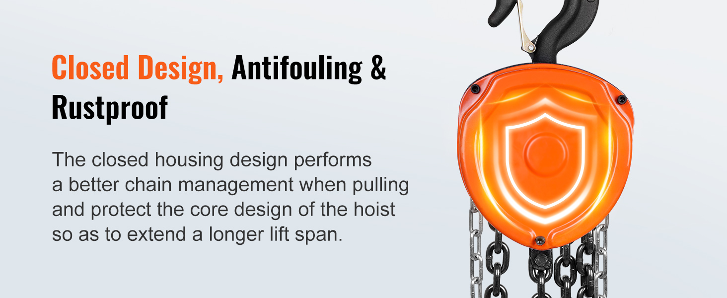 Ручная цепная лебедка VEVOR с закрытой конструкцией для лучшего управления цепью, защиты от обрастания и коррозии.