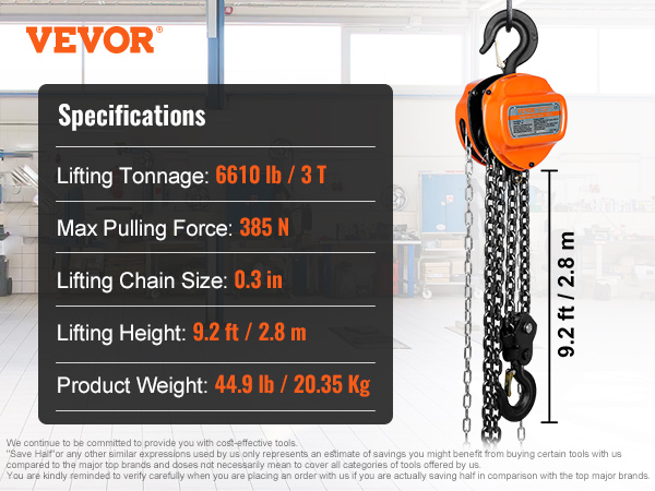 VEVOR hand chain hoist specifications: 6610 lb capacity, 44.9 lb weight, 9.2 ft lift, and 0.3 in chain.