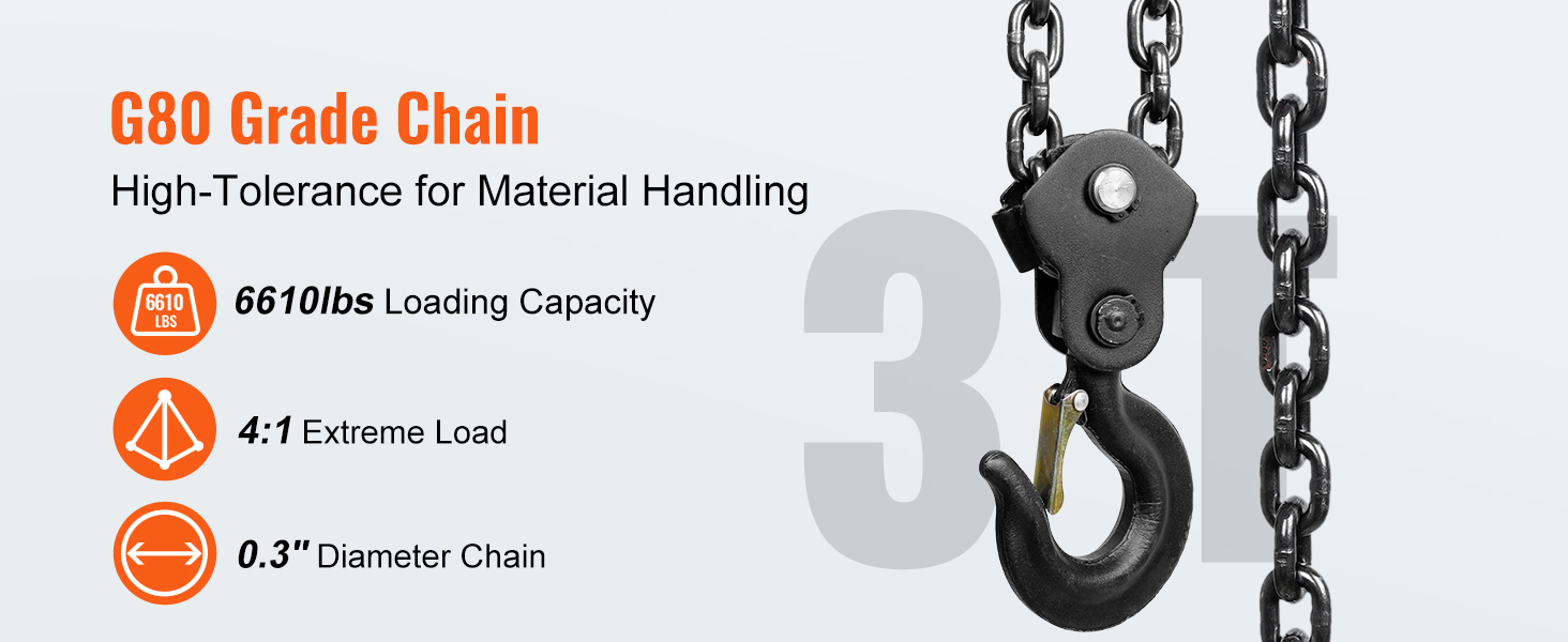 цепь марки g80 грузоподъемностью 6610 фунтов, экстремальная нагрузка 4: 1, диаметр 0,3 дюйма; ручная цепная лебедка VEVOR.