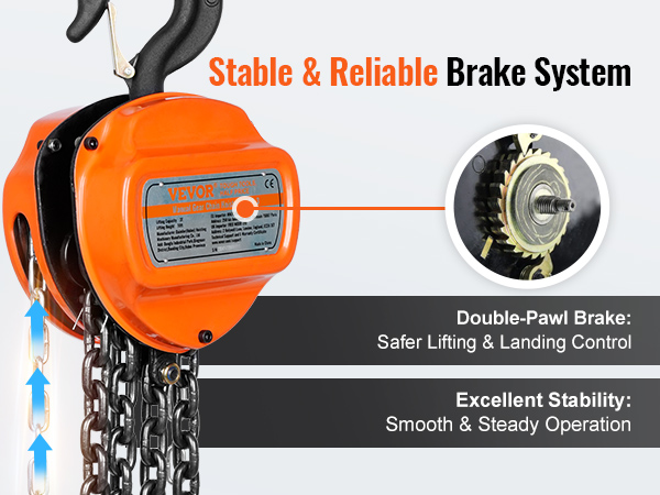 Ручная цепная лебедка VEVOR со стабильной и надежной тормозной системой для более безопасного подъема и плавной работы.