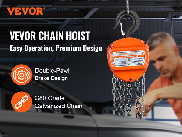 VEVOR hand chain hoist with double-pawl brake design and g80 grade galvanized chain for easy operation.