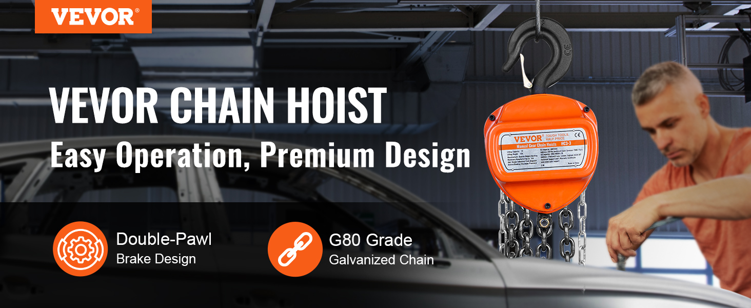VEVOR hand chain hoist with double-pawl brake design and g80 grade galvanized chain for easy operation.