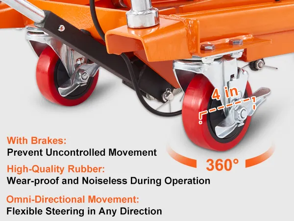 VEVOR hydraulic lift table with 360° pu swivel wheels, platform size 28x18 in, lift range 11-50 in.