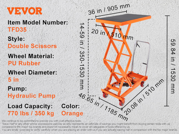 VEVOR hydraulic lift table cart, model tfd35, orange, double scissors, 770 lbs capacity, 98 kg net weight.