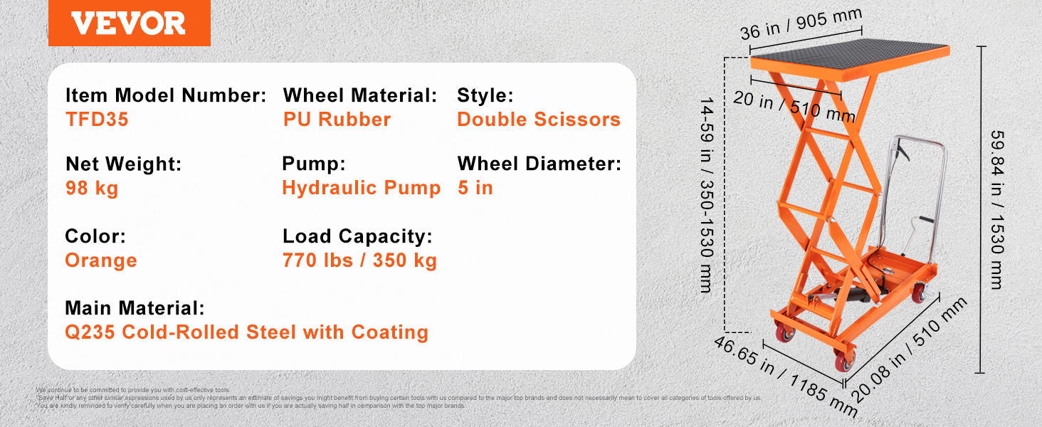 VEVOR hydraulic lift table cart, model tfd35, orange, double scissors, 770 lbs capacity, 98 kg net weight.