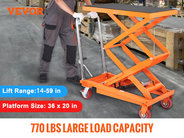 VEVOR hydraulic lift table cart with 770 lbs capacity, 36x20 platform size, and 14-59 in lift range.