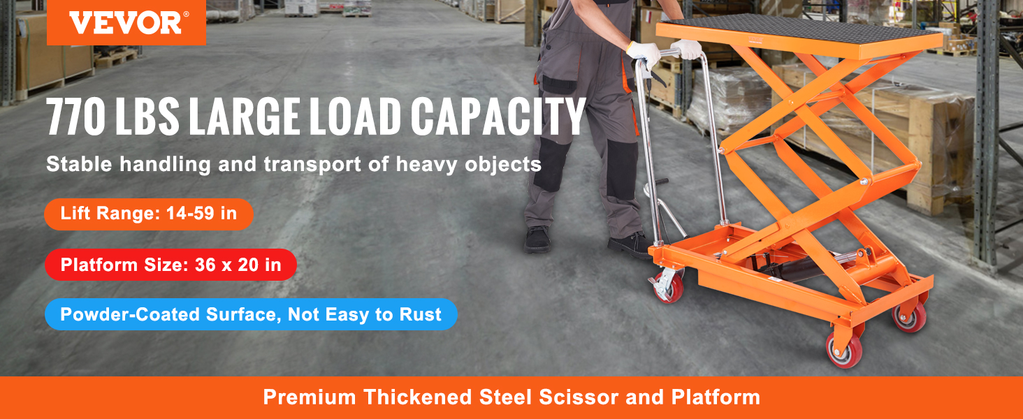 VEVOR hydraulic lift table cart with 770 lbs capacity, 36x20 platform size, and 14-59 in lift range.