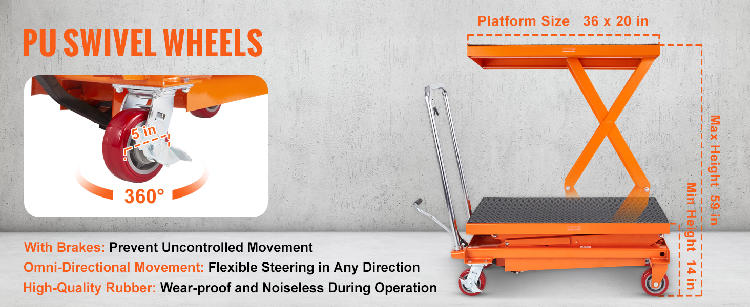 VEVOR hydraulic lift table cart with pu swivel wheels, 36x20 in platform, lift range 14-59 in.