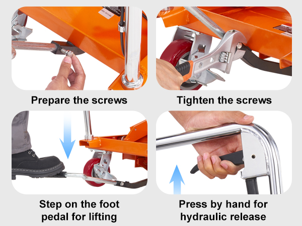effortless setup of the VEVOR hydraulic lift table cart: securing screws, foot pedal lifting, hydraulic release.