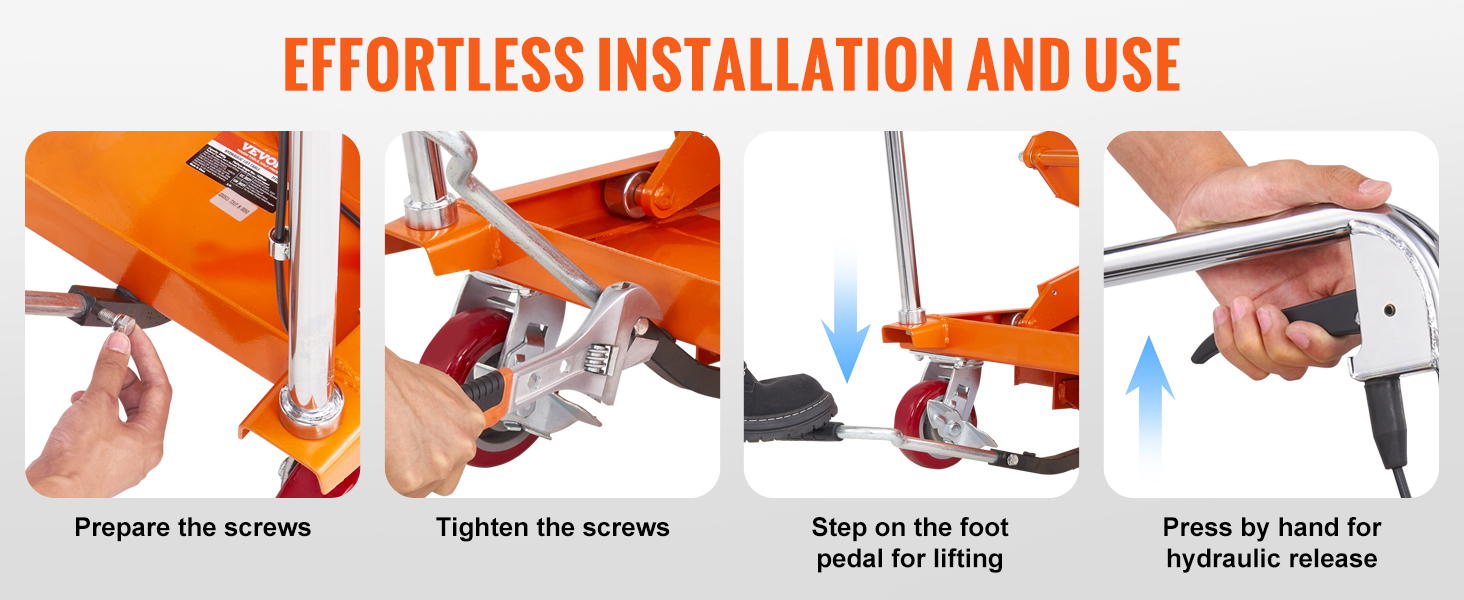 effortless setup of the VEVOR hydraulic lift table cart: securing screws, foot pedal lifting, hydraulic release.