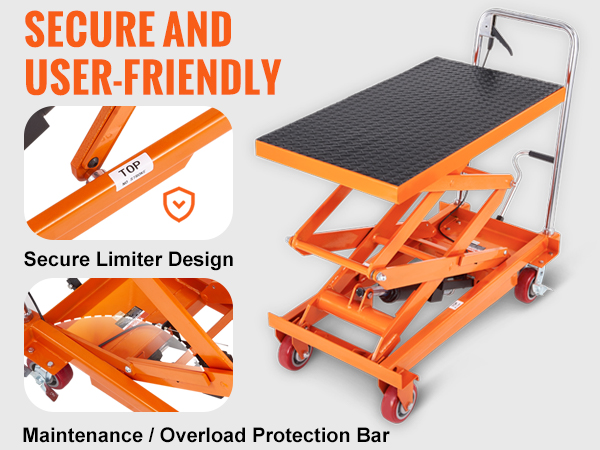 VEVOR hydraulic lift table cart featuring a secure limiter design and non-slip pad for safety.