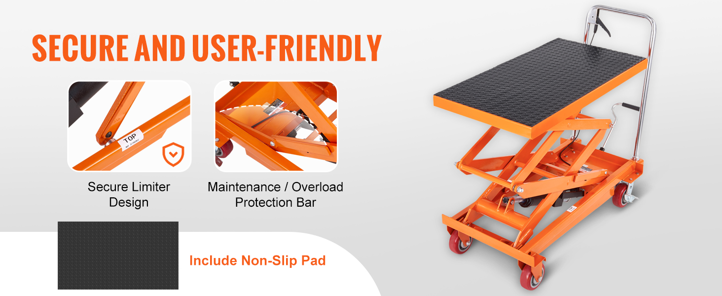 VEVOR hydraulic lift table cart featuring a secure limiter design and non-slip pad for safety.