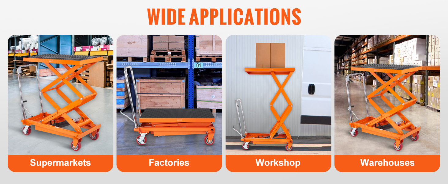 VEVOR hydraulic lift table cart in supermarkets, factories, workshops, and warehouses.