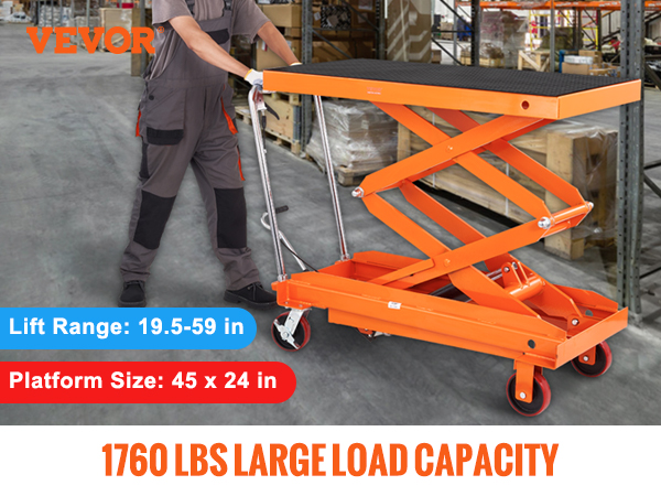 VEVOR hydraulic lift table cart in a warehouse, 1760 lbs capacity, 48x24 in platform, easy to transport.